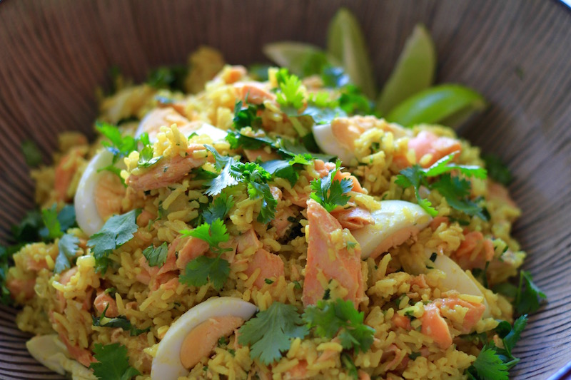 Kedgeree with poached salmon, coriander, lime and turmeric
